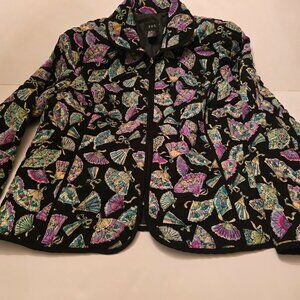 Women's Quilted Black Jacket Japanese Fans Zip Closure Lined XL made by R.Q.T.